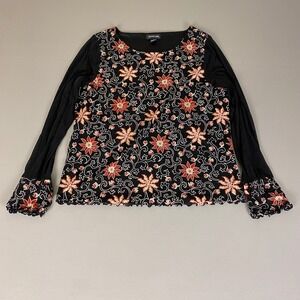 August Max Blouse Top‎ Women's Size 4 Floral Red Tan Black Long Sleeve